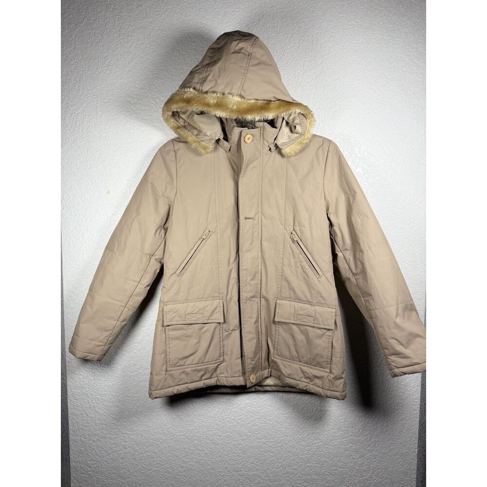 Lure Men Beige Utility Parka Jacket Faux Fur Hood Heavy Winter Coat Flawed Sz L